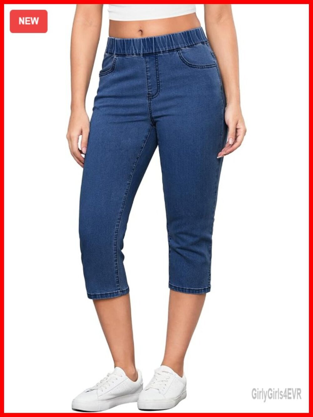 High Waisted Pull On Elastic Waist Split Hem Skinny Stretchy Denim Capri Pants